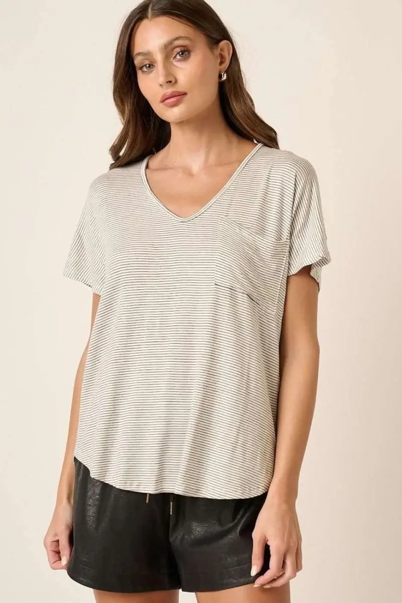 Mittoshop Striped V-Neck Short Sleeve T-Shirt - Love Salve